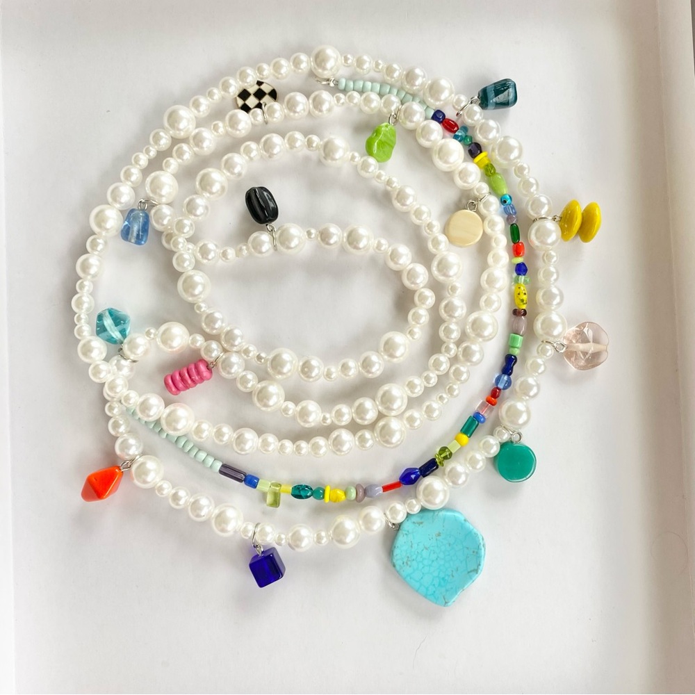 OOAK Handmade Layered Stacked Turquoise/Pearl Charms Colorful Statement Necklace
